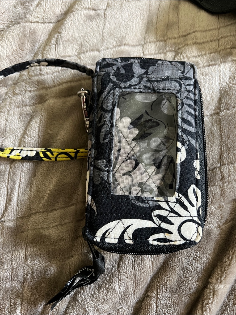 Vera Bradley Black, White and Yellow Floral Wristlet Case with Clear ID Window